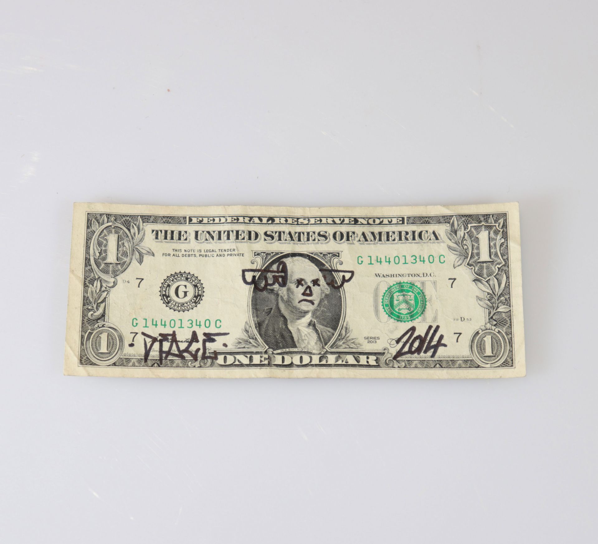 D * Face - One Dollar Bill, 2014 Black marker on U.S. One dollar bill. Hand signed by the artist