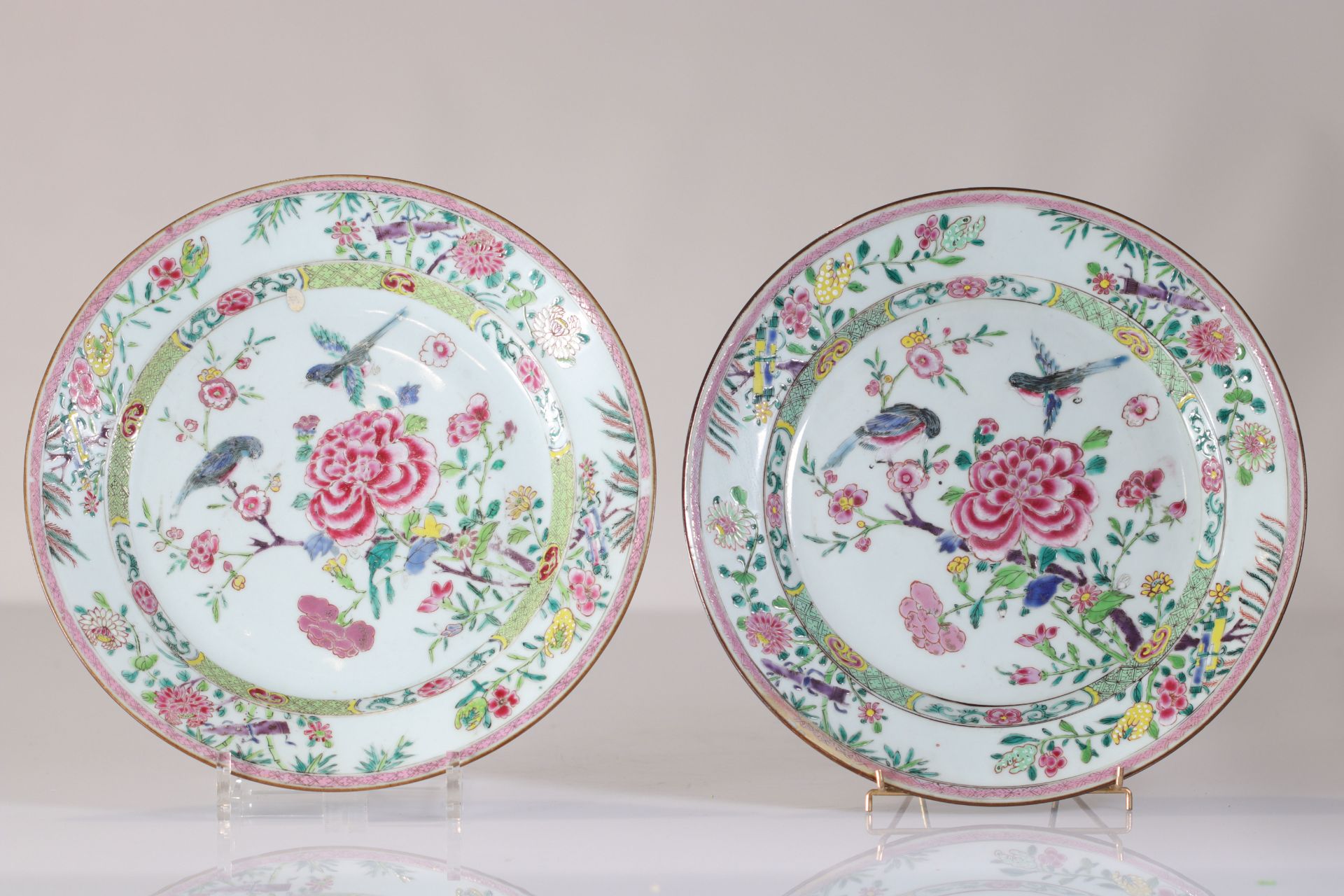 Pair of large 18th century famille rose plates decorated with flowers and birds