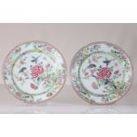 Pair of large 18th century famille rose plates decorated with flowers and birds