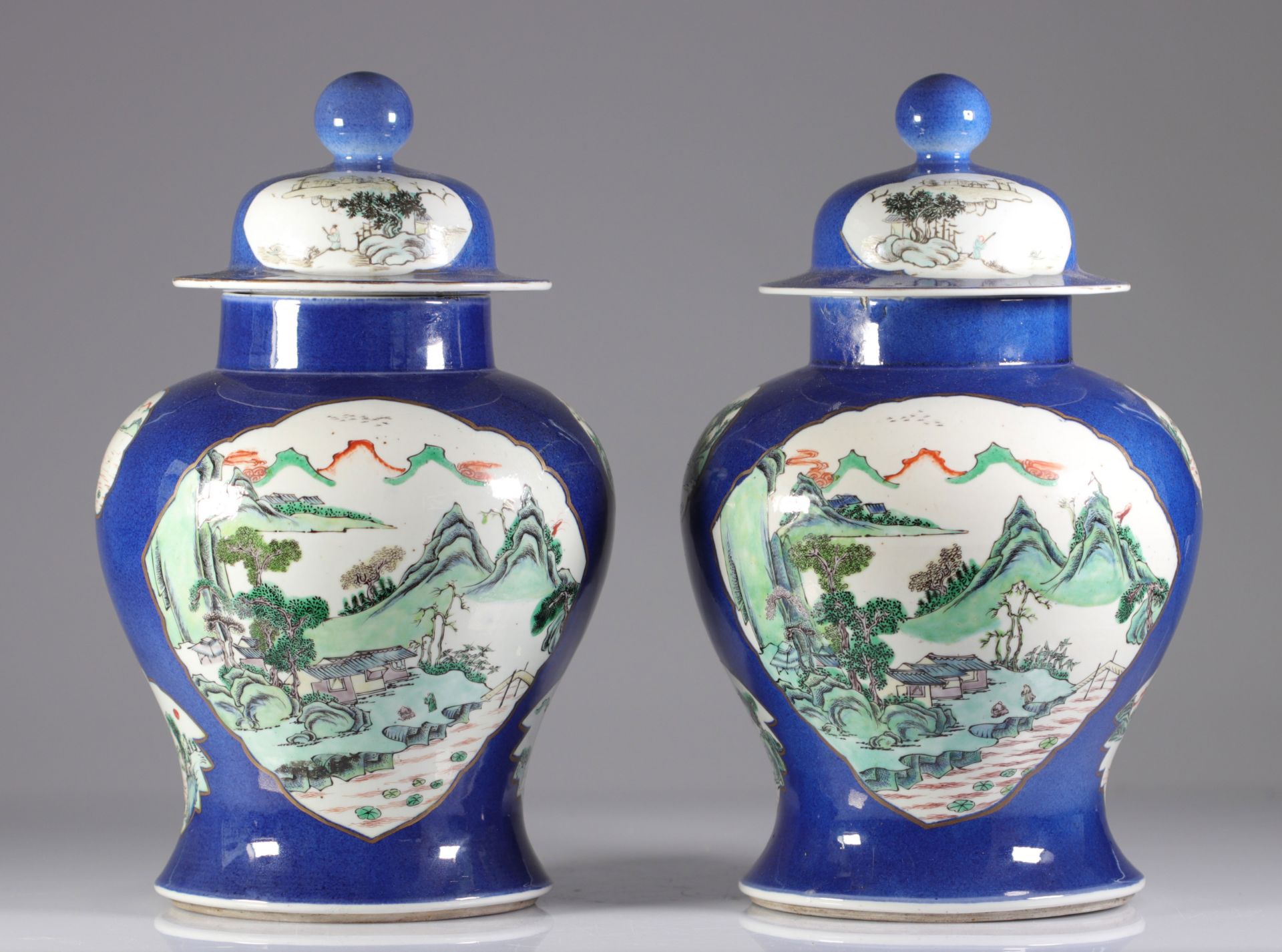 China pair of blue powdered vases decorated with landscapes