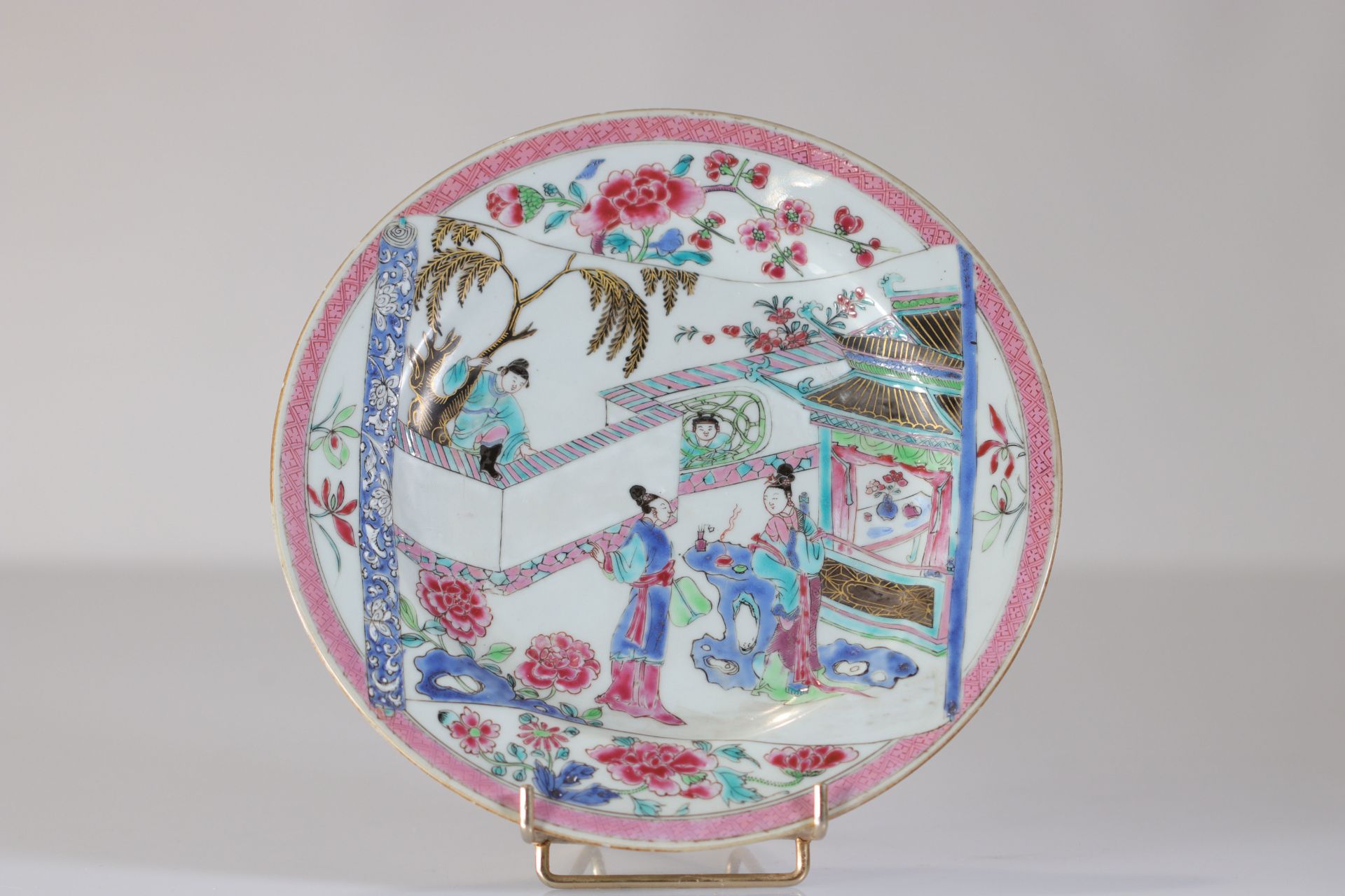 18th century famille rose plate decorated with flowers and characters