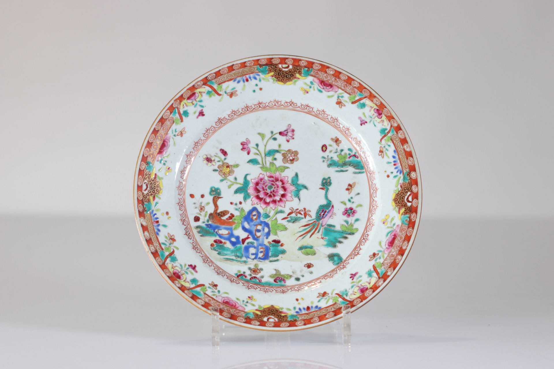 18th century famille rose plate decorated with flowers and birds