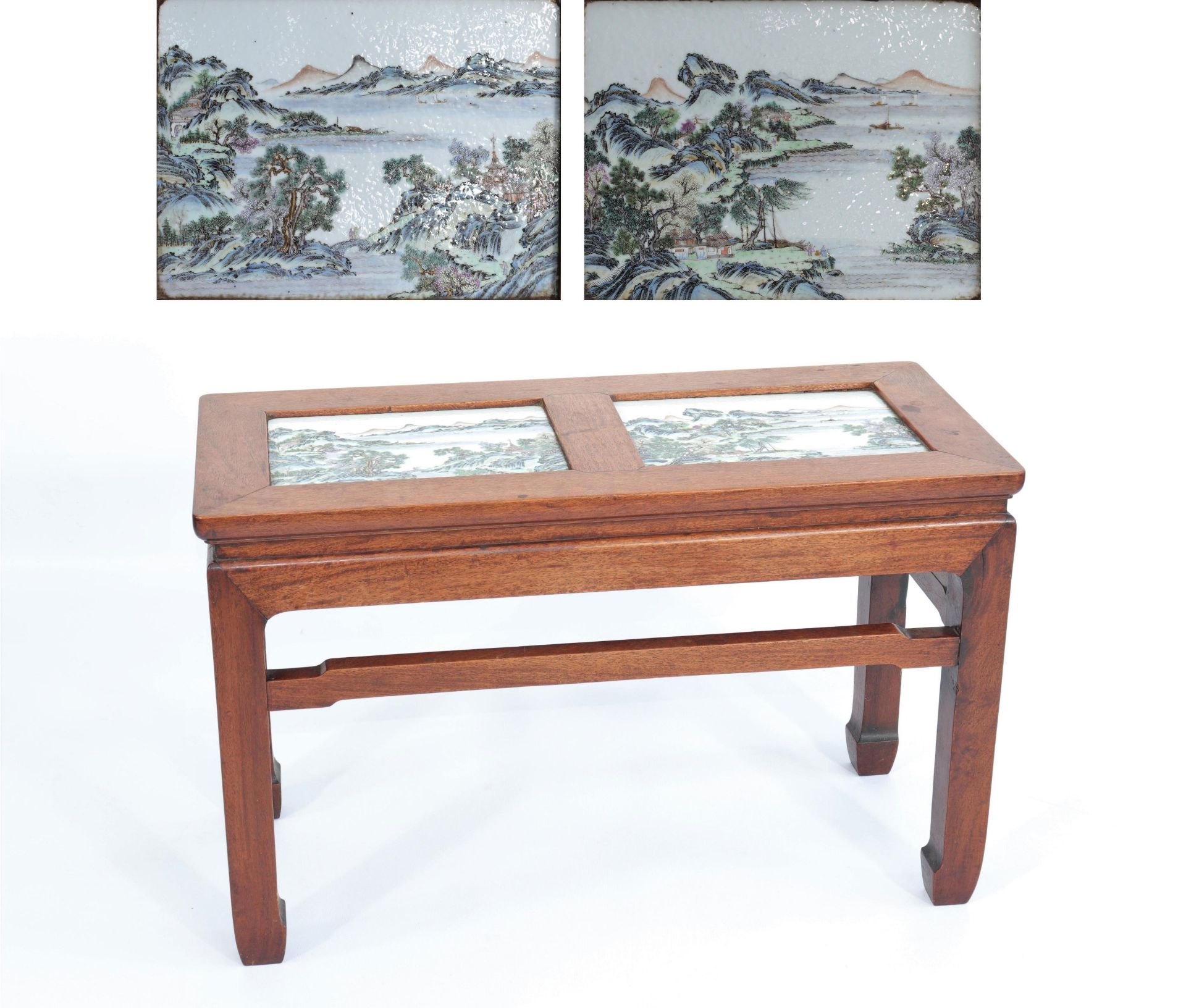 China rare table decorated with porcelain panels decor of landscapes - republic period