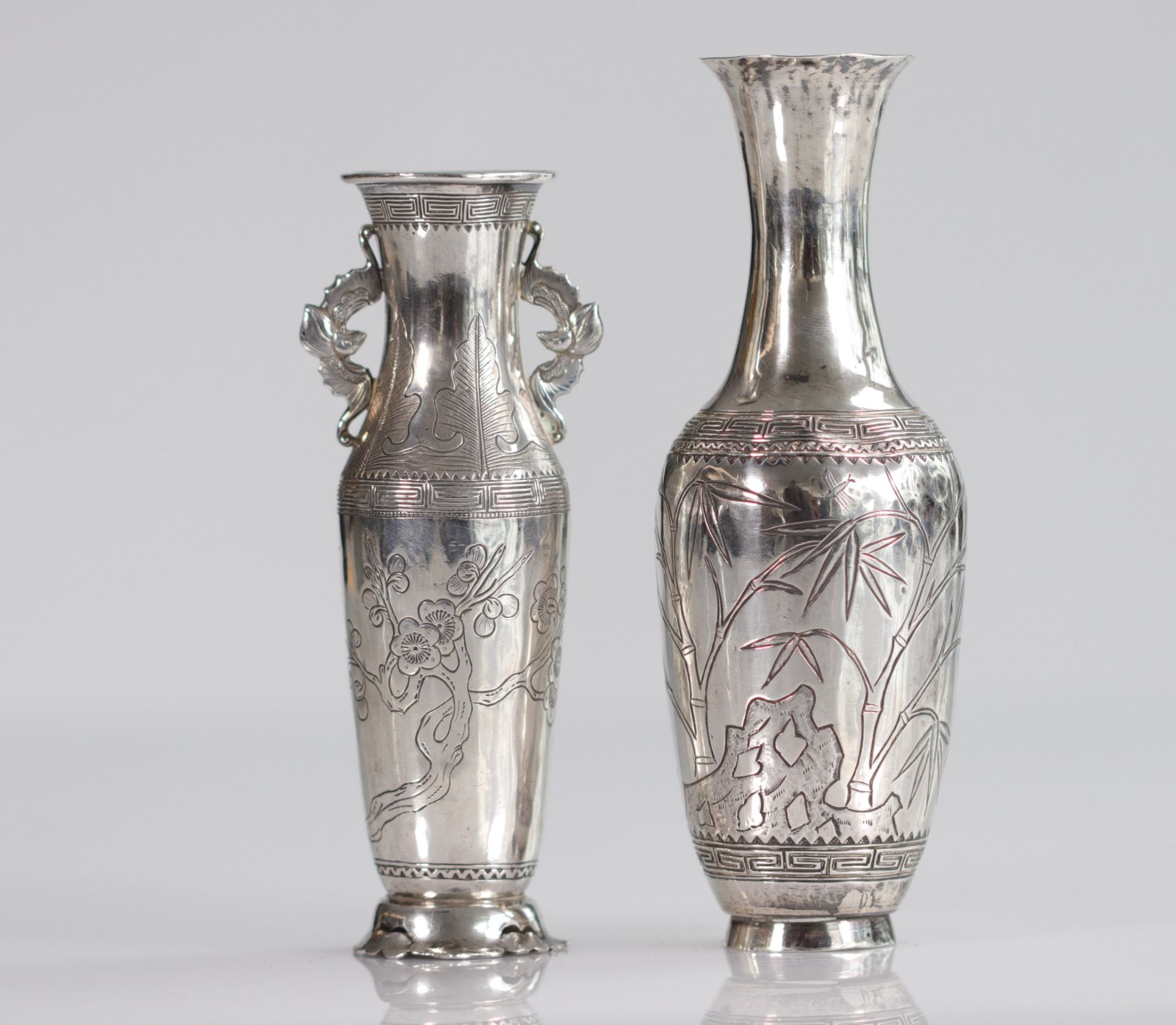 China vases (2) in silver with bamboo decoration