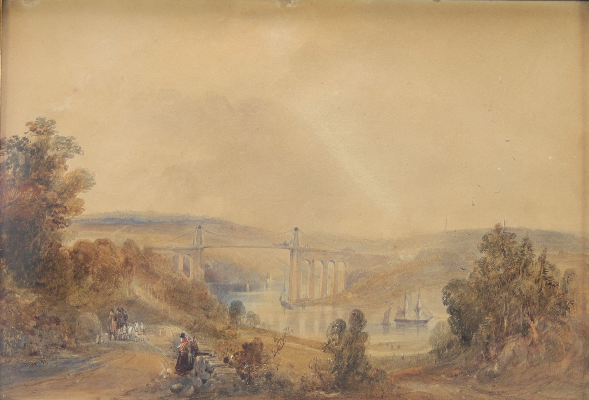 George Bryant CAMPION (1796-1870) watercolor on paper "A panoramic view of the Menai Bridge linking - Bild 2 aus 2