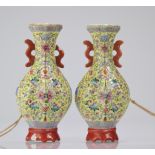 Pair of Chinese porcelain wall vases on a yellow background