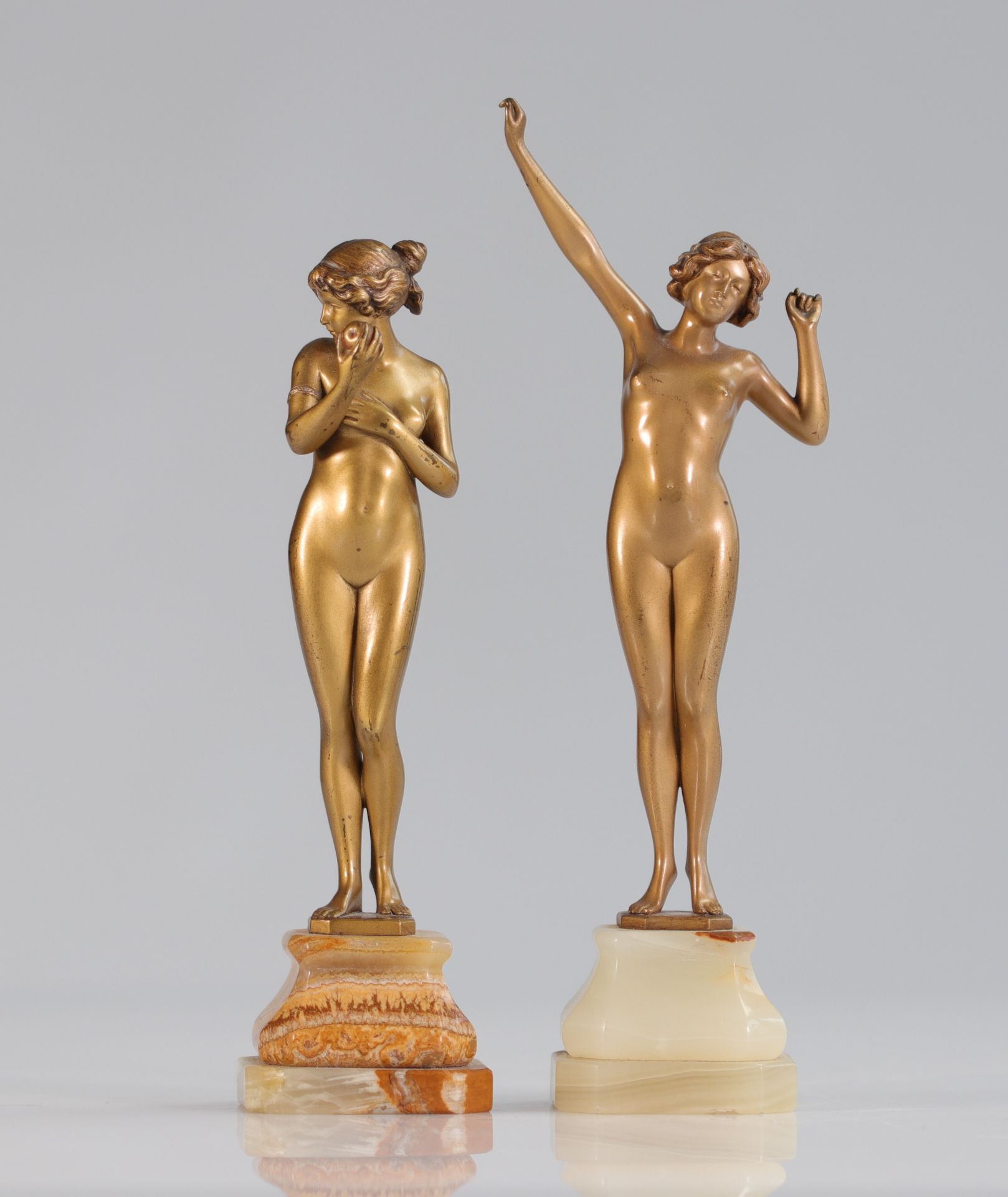 Hans Keck (1875-1941) pair of gilt bronze statues "young naked women 1900"