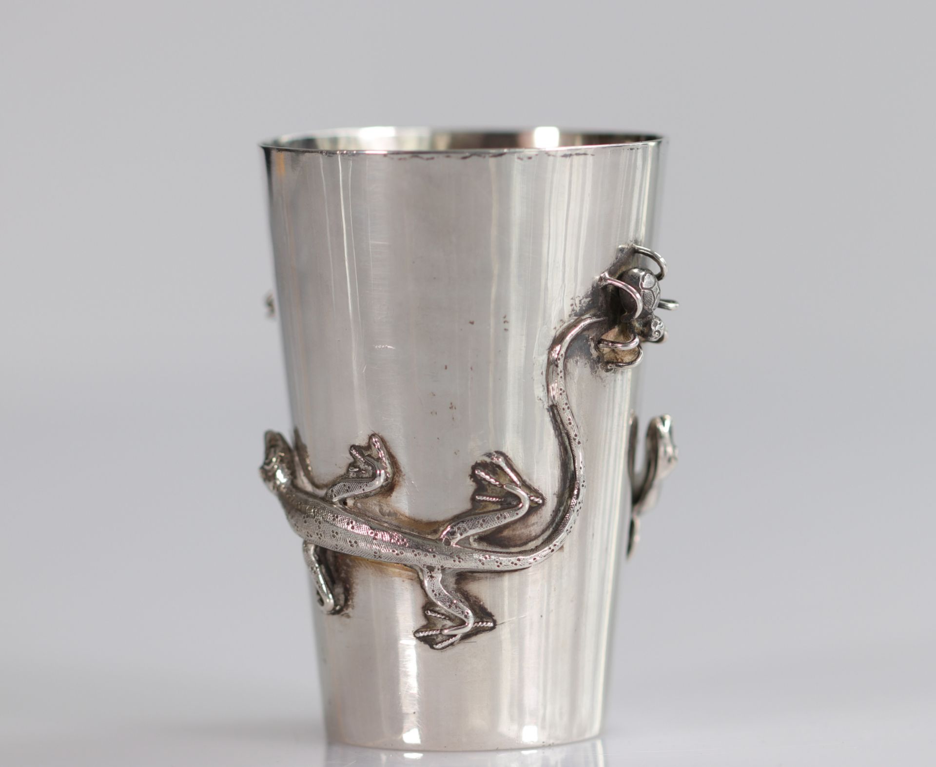 China silver goblet decorated with hallmarked lizards and spiders