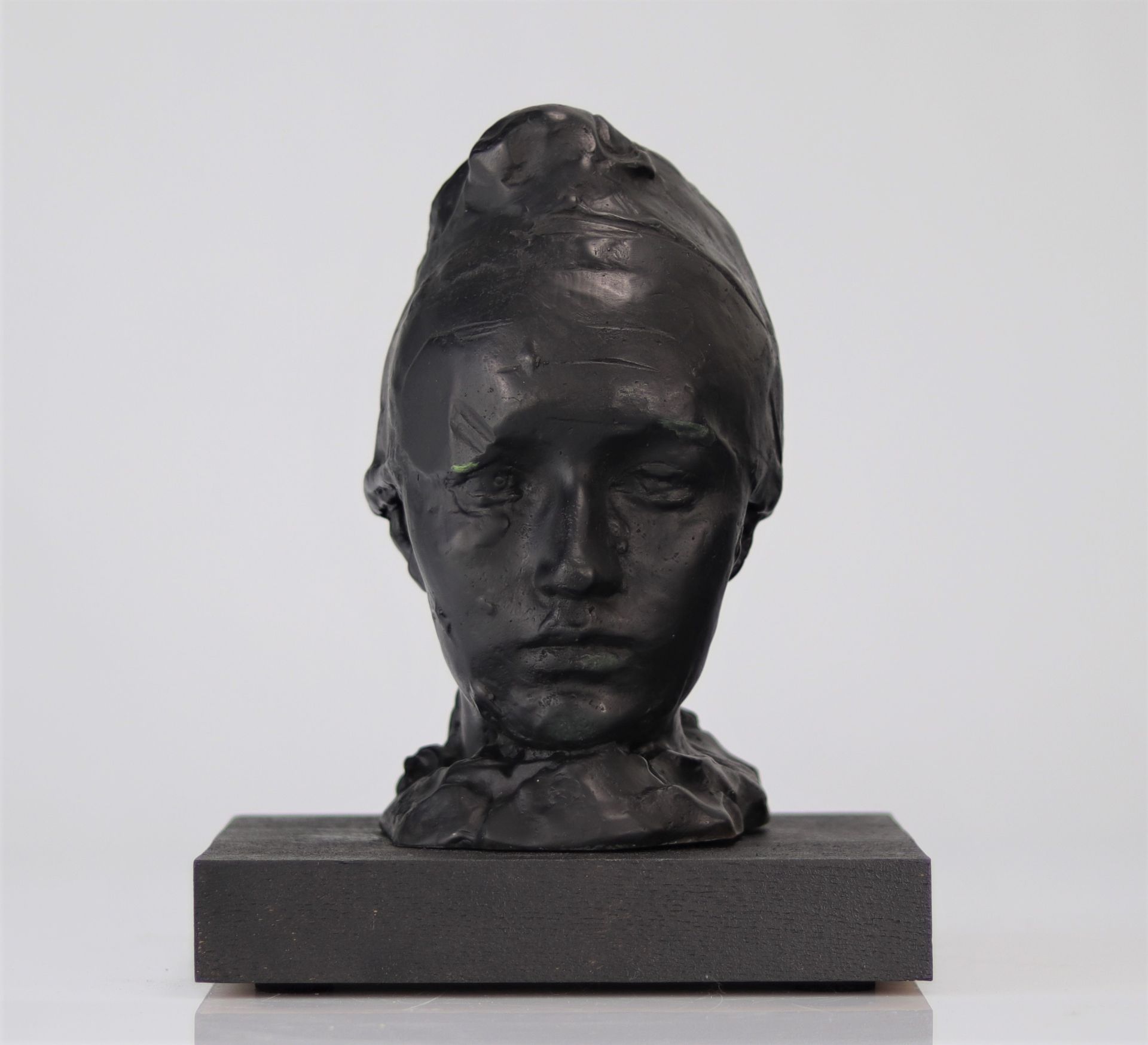 Auguste Rodin. Around 1967. â€œHead of Camille Claudel with a Bonnetâ€. Bronze with brown and green