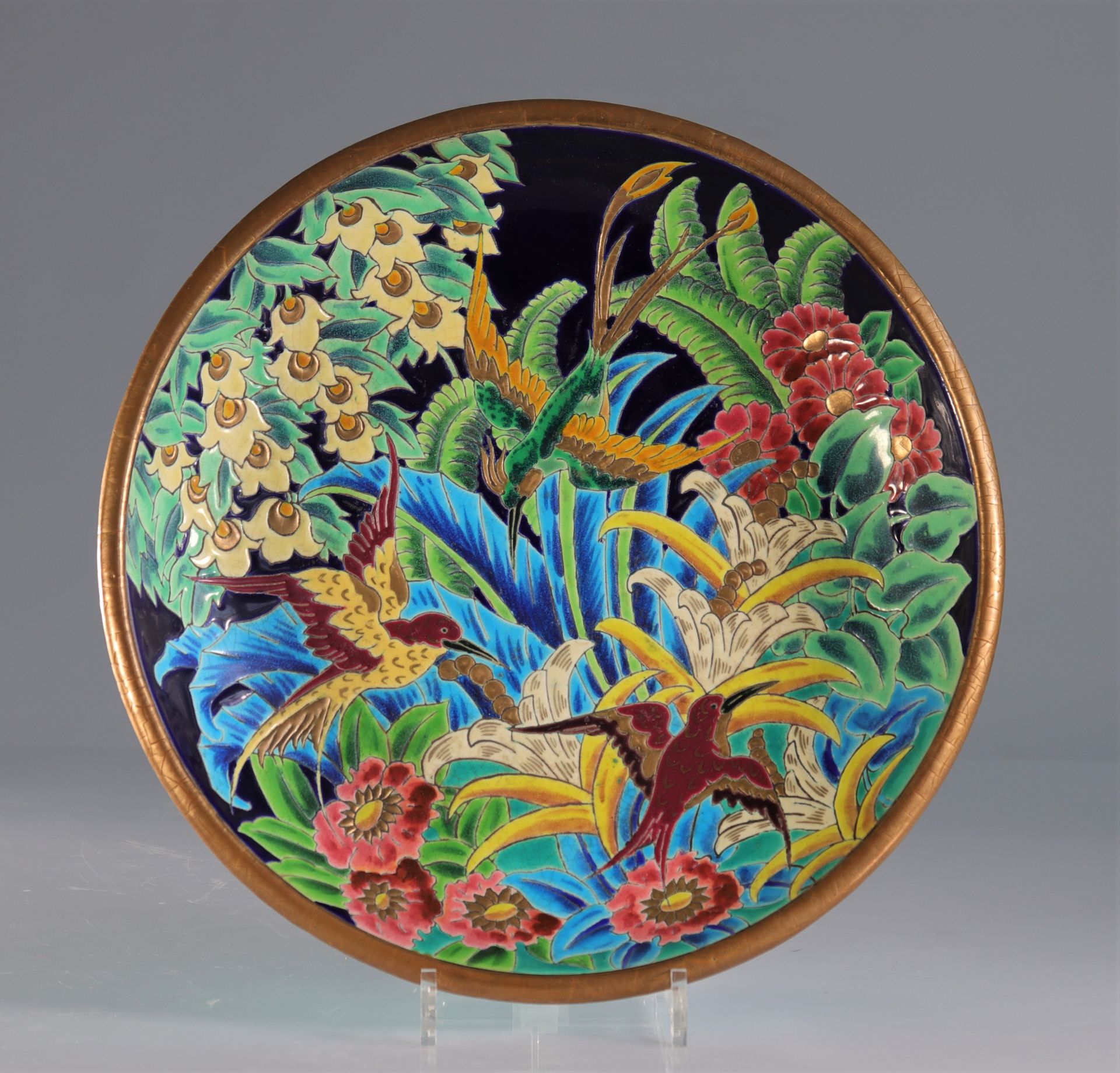 Enamels of Longwy dish with birds of paradise