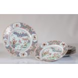 Series of 6 porcelain plates from the 18th century famille rose landscape decor