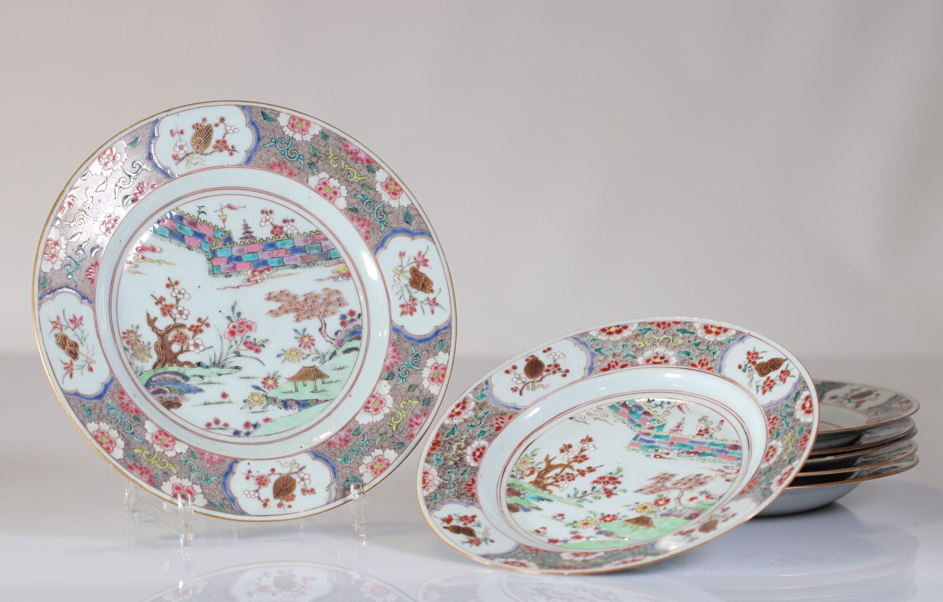 Series of 6 porcelain plates from the 18th century famille rose landscape decor