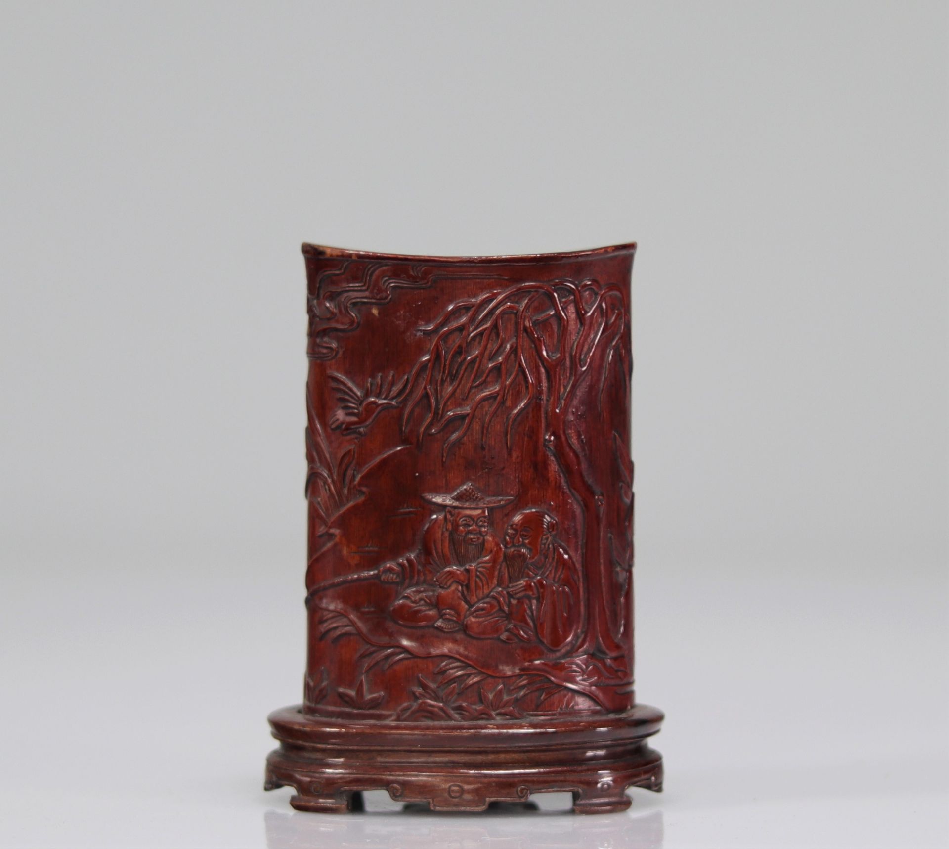 Chinese brush pot carved with deer and crane characters. Republic period - Image 3 of 3