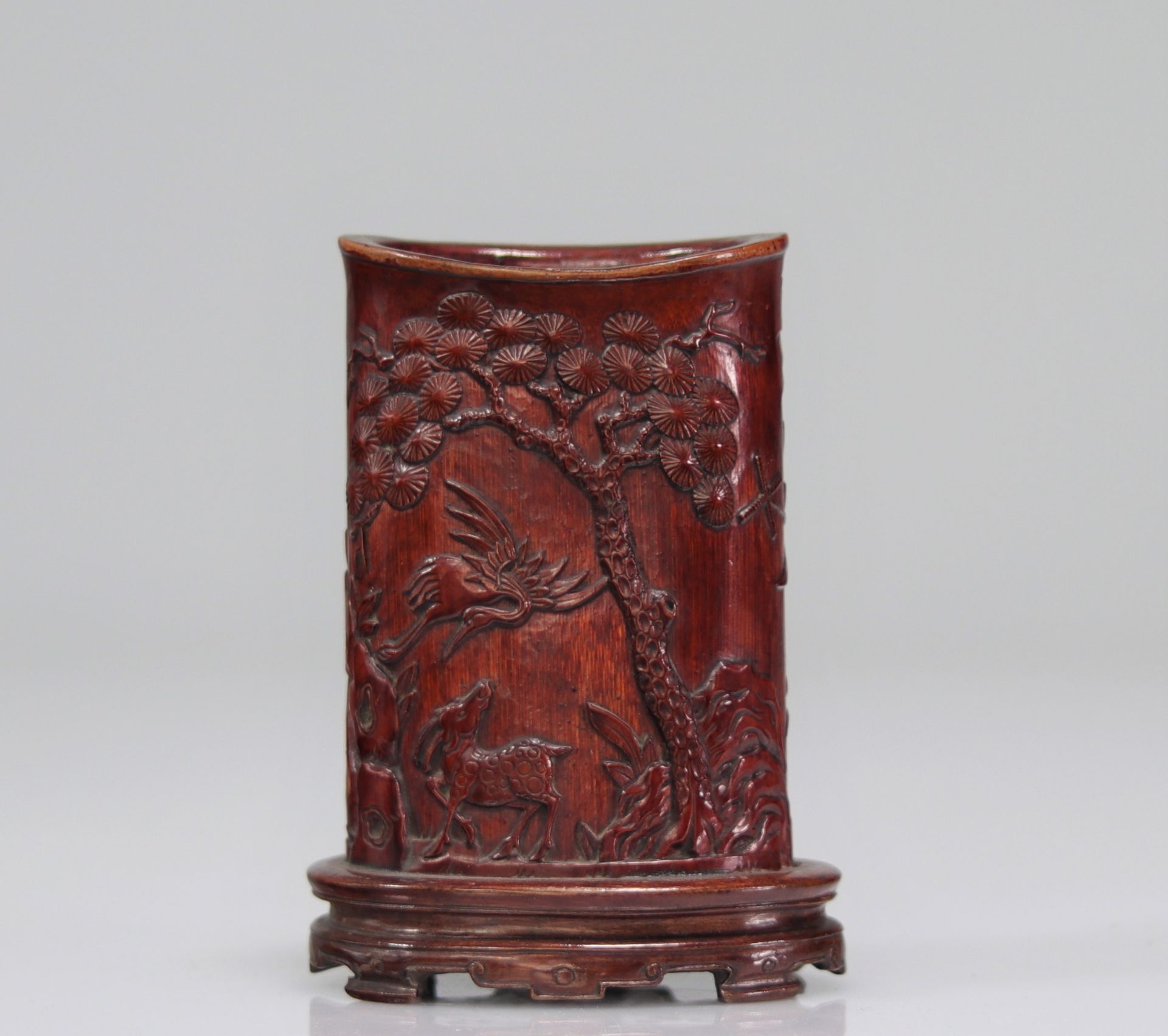 Chinese brush pot carved with deer and crane characters. Republic period