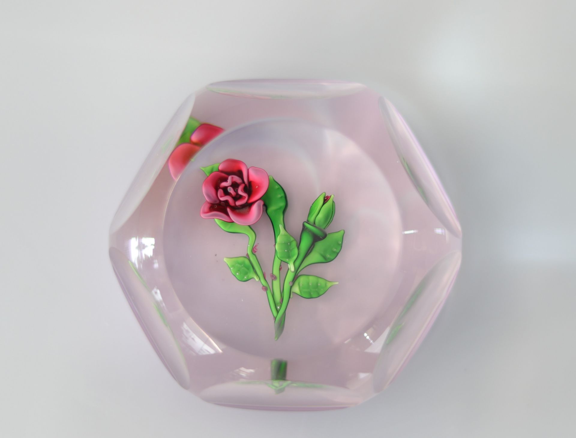 Saint-Louis 1978 paperweight, red rose on green stem and mauve background