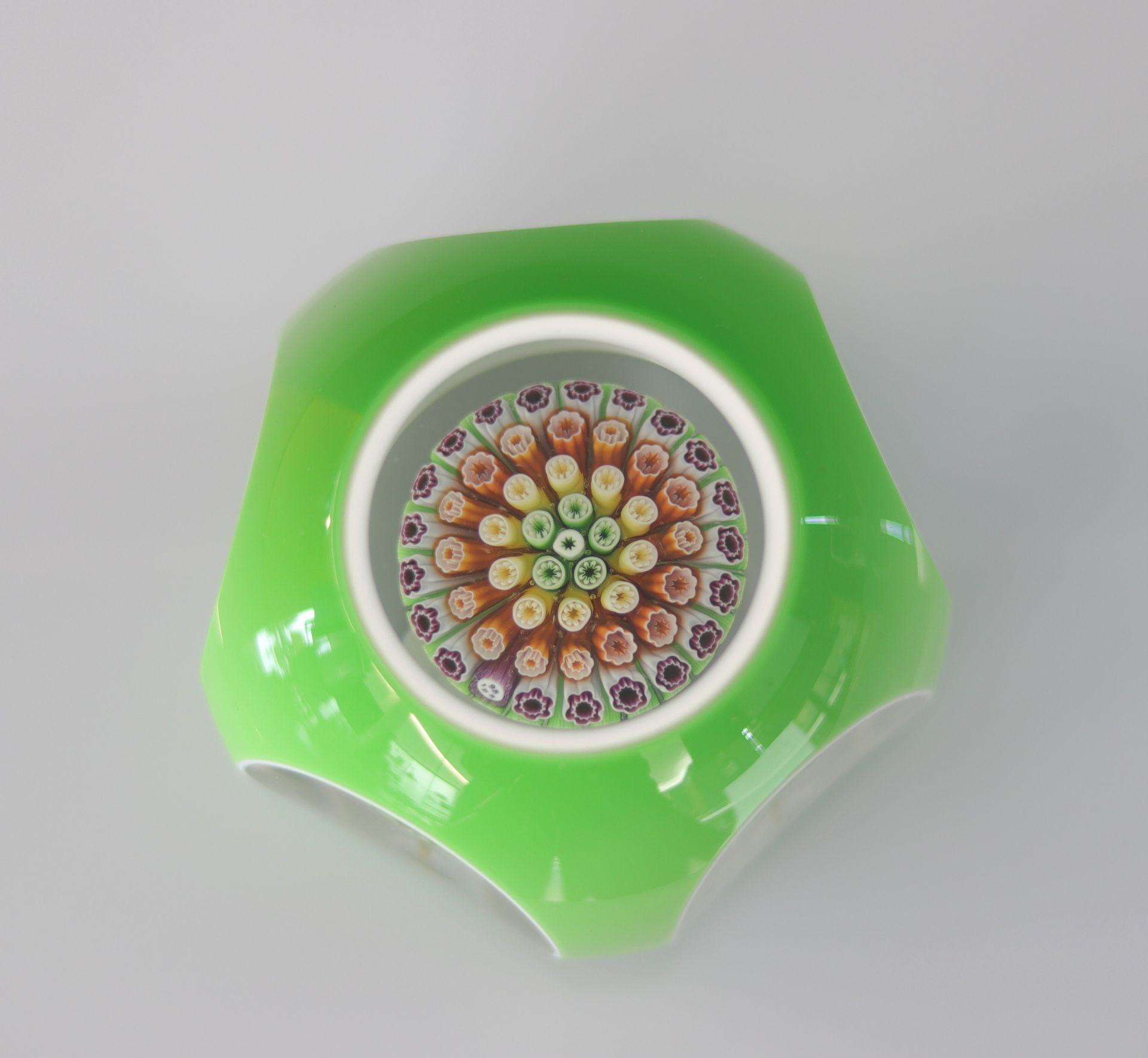 Baccarat paperweight 1988-Number 16, double green and white overlay and mushroom canes