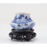 Rare "blanc-bleu" porcelain ink pot decorated with landscape and boats