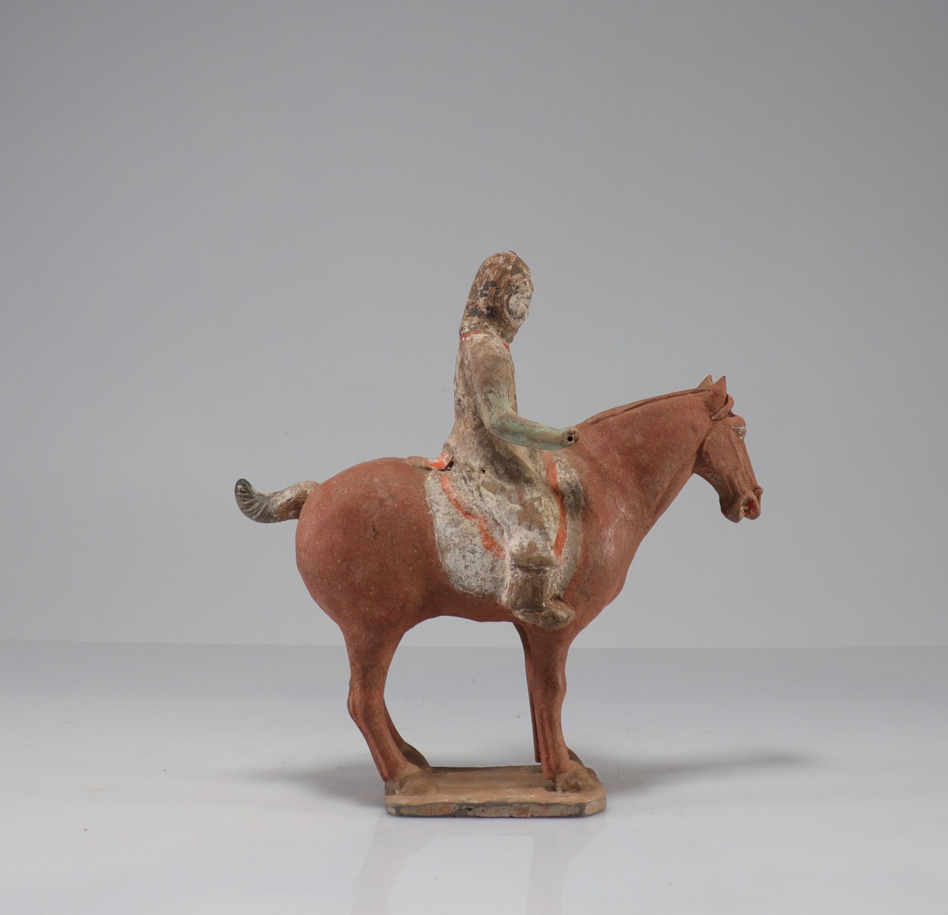 CHINA - TANG period (618-907) Rider on horseback at a standstill Terracotta with traces of white sli - Image 4 of 7