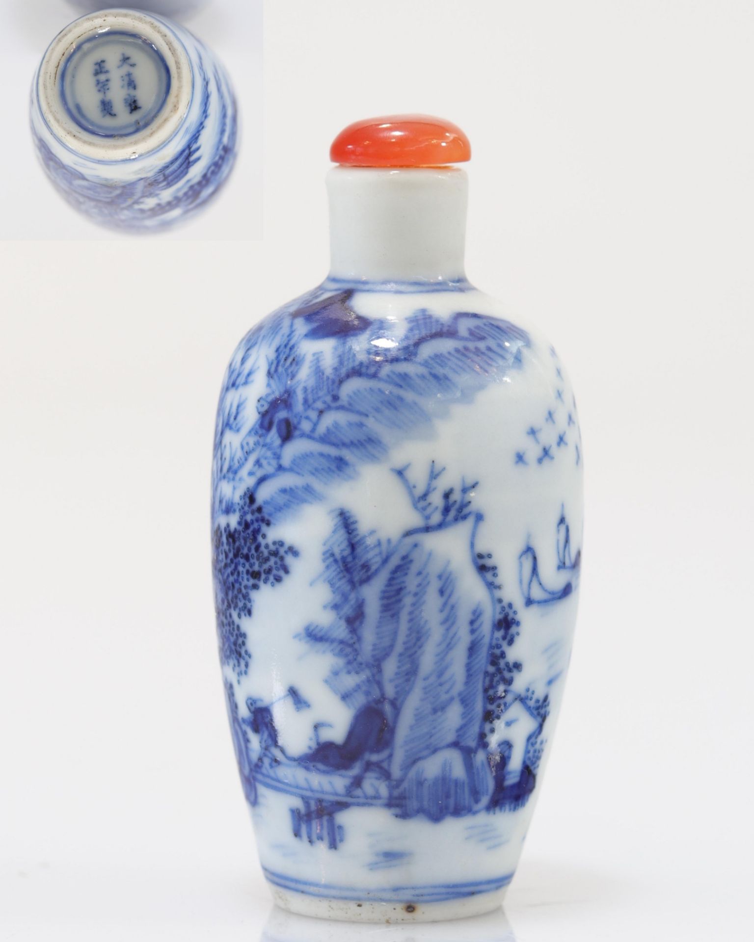 "blanc-bleu" porcelain snuff box Qing period landscape decor