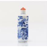 "blanc-bleu" porcelain snuff bottle decorated with Qing period dogs
