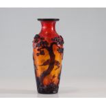 Beijing glass vase decorated with birds and mauve lined suede on a red background with gold sequins,