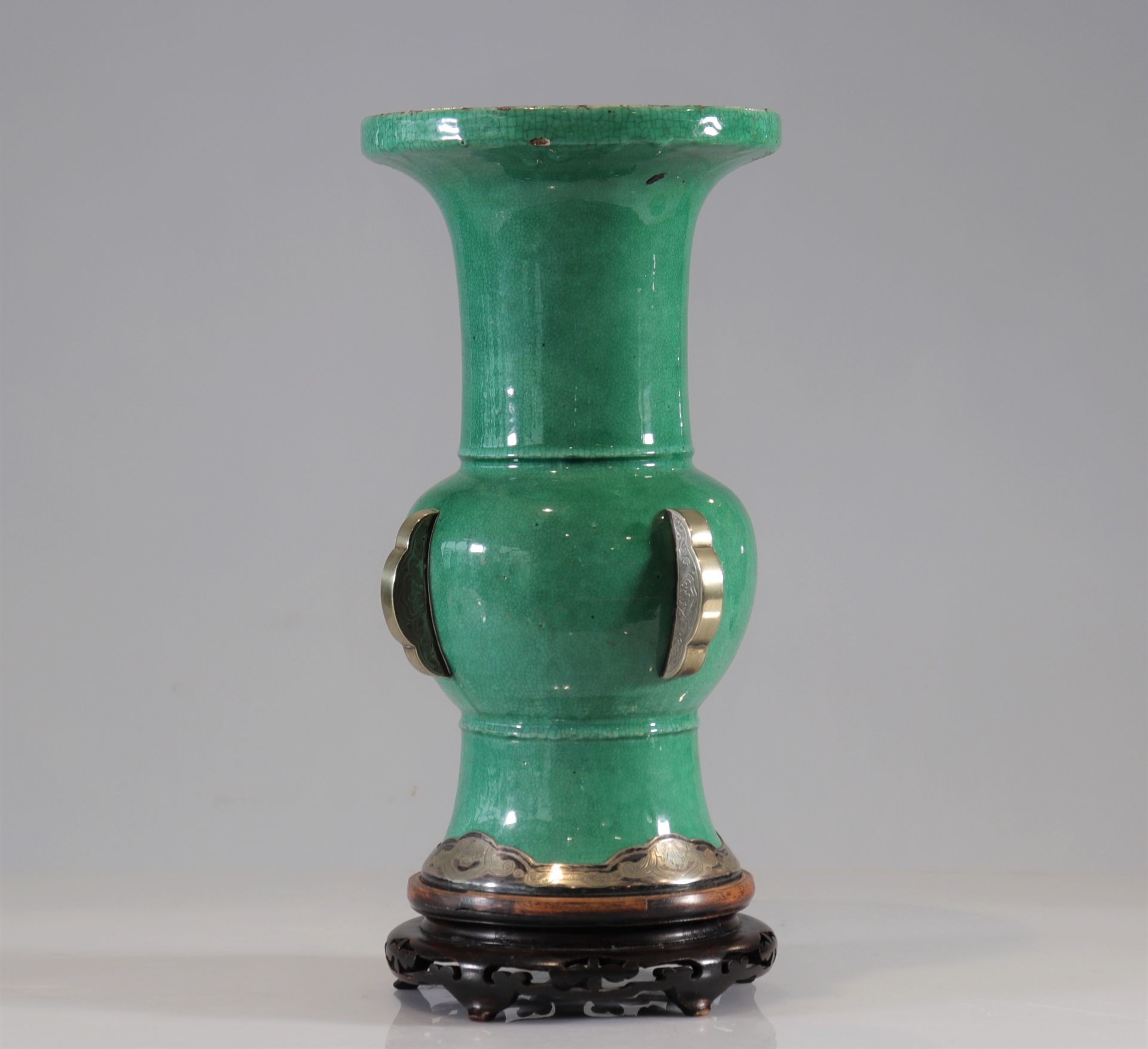 Green monochrome vase in the shape of Gu XVIIIth later silver mount