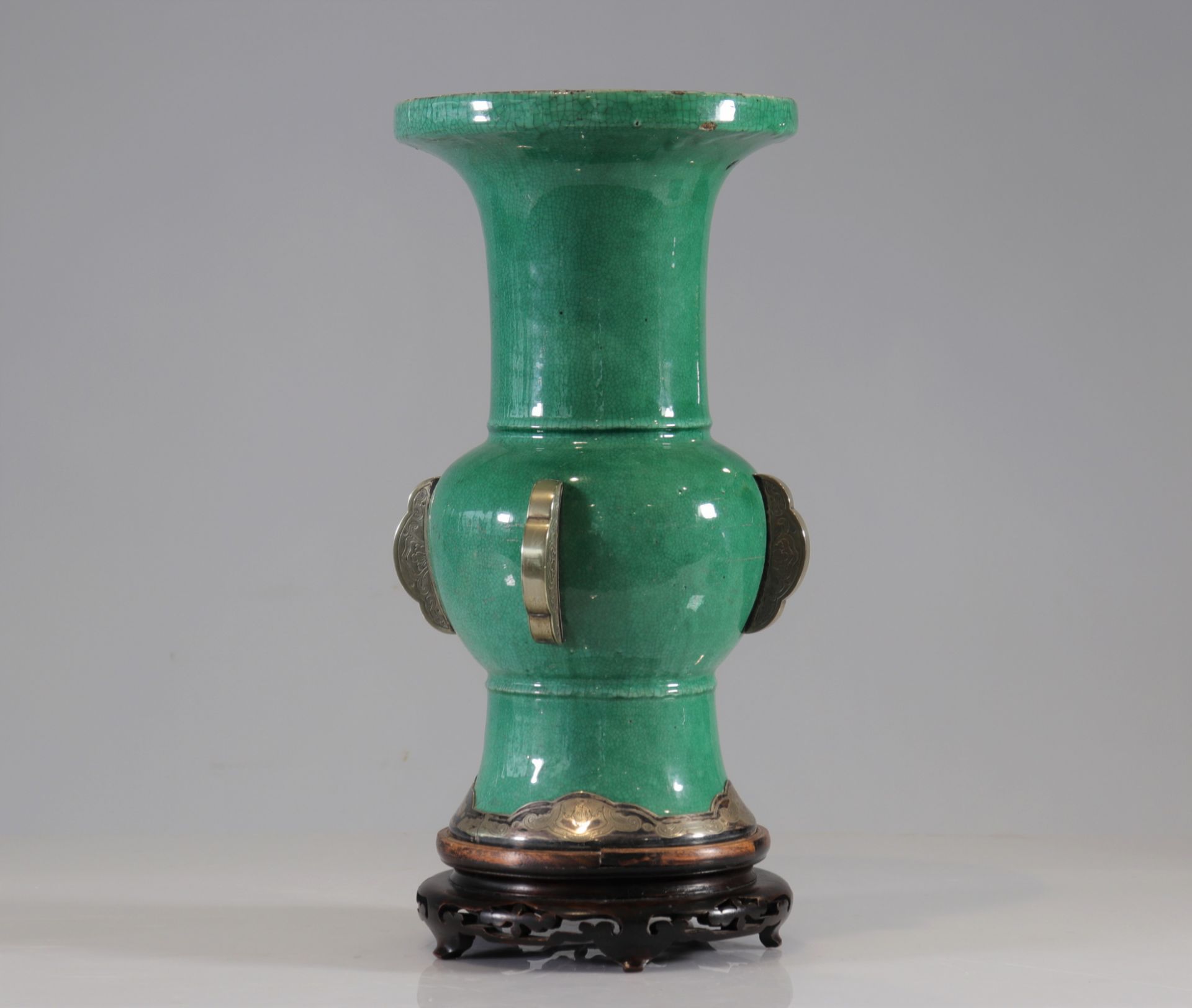 Green monochrome vase in the shape of Gu XVIIIth later silver mount - Image 6 of 7