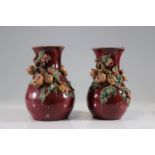 Pair of glazed stoneware vases in relief "pomegranate fruit"