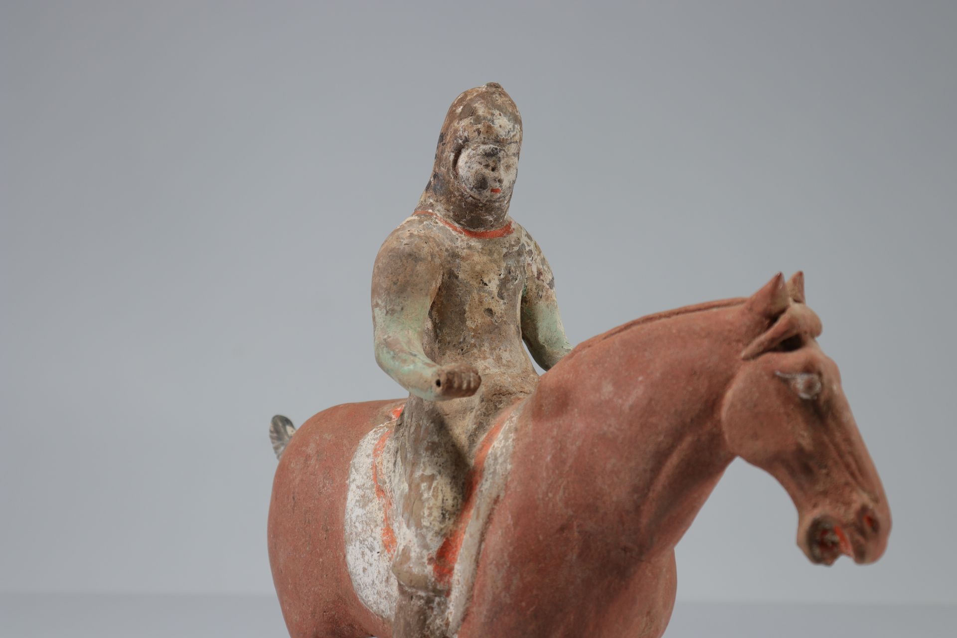 CHINA - TANG period (618-907) Rider on horseback at a standstill Terracotta with traces of white sli - Image 7 of 7