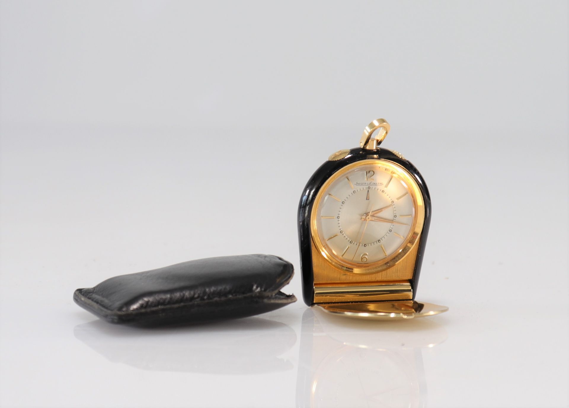 JAEGER-leCOULTRE (Memovox Poche) circa 1960 Travel or pocket alarm clock watch in gilt metal with bl - Bild 2 aus 3