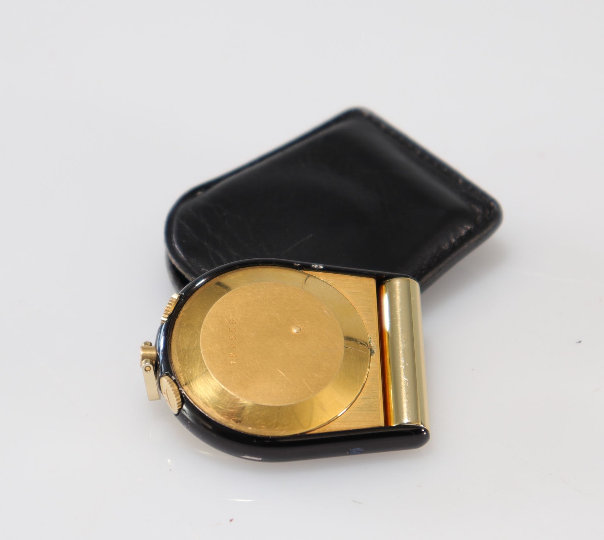 JAEGER-leCOULTRE (Memovox Poche) circa 1960 Travel or pocket alarm clock watch in gilt metal with bl - Bild 3 aus 3