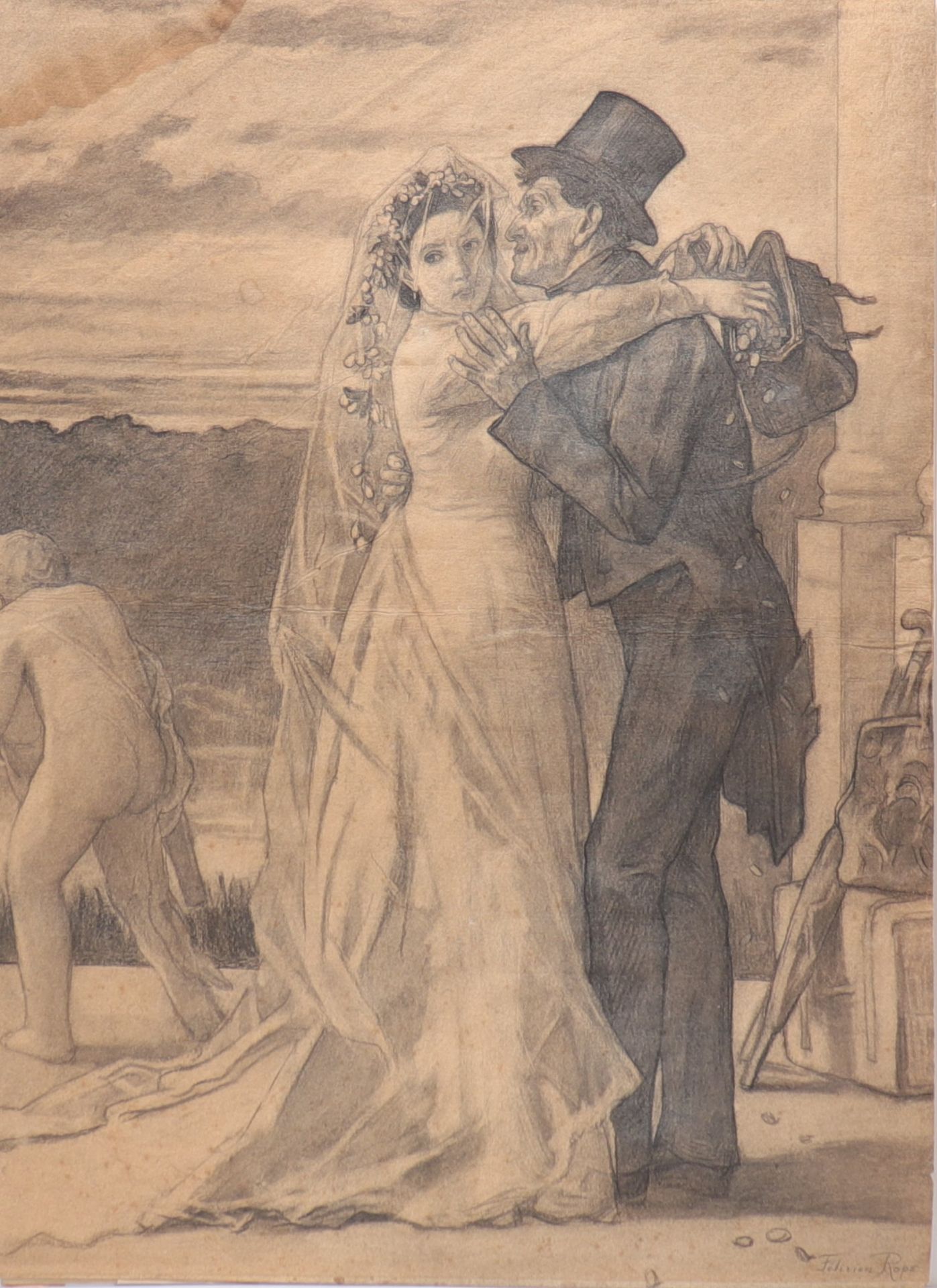 Felicien ROPS (1833-1898) attributed large drawing ' the marriage of interests'