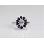 White gold ring (18k) - sapphires and large diamond (3.9gr)