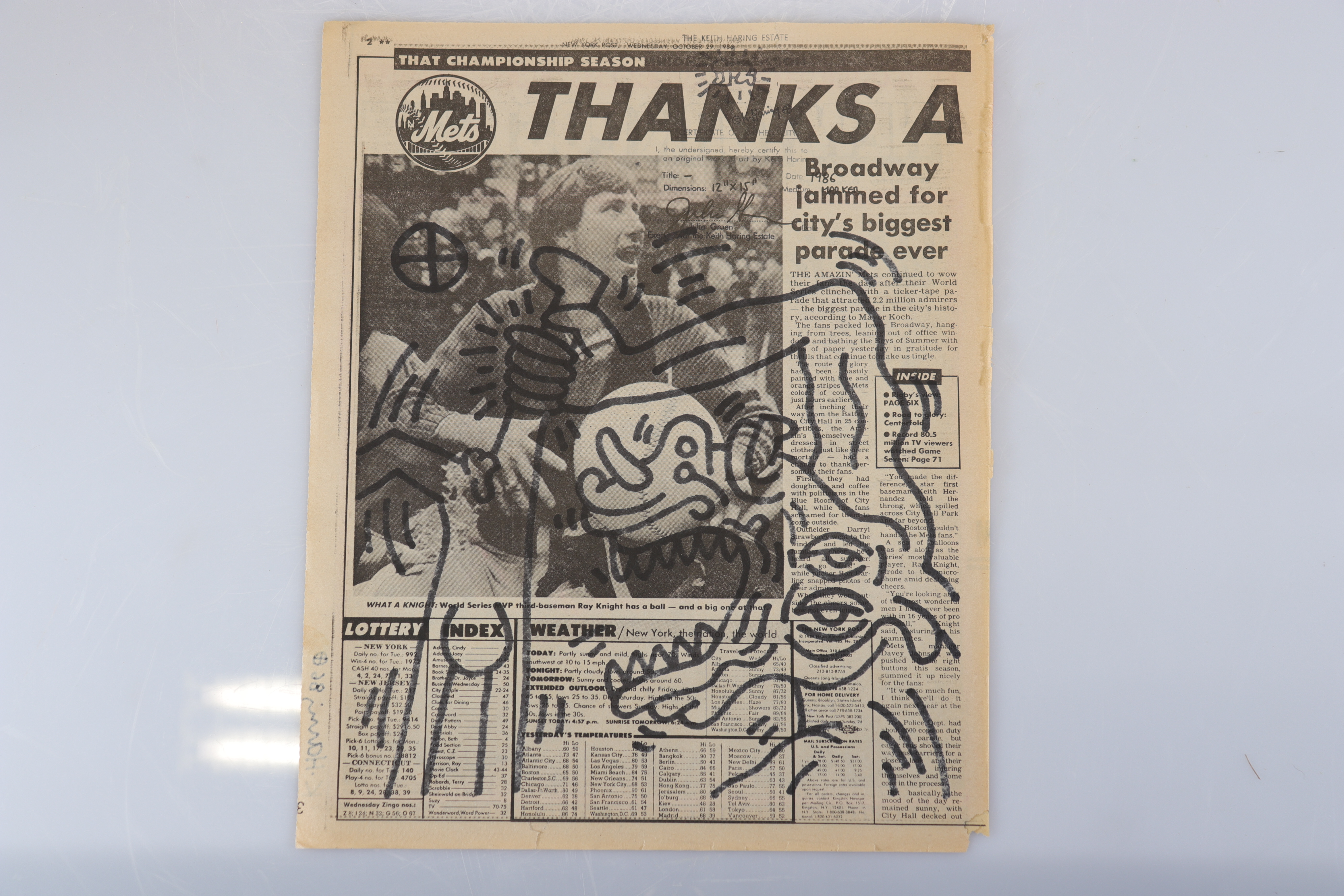 Keith Haring. Original drawing in black and red marker on a newspaper page from the New York Post of - Image 2 of 2
