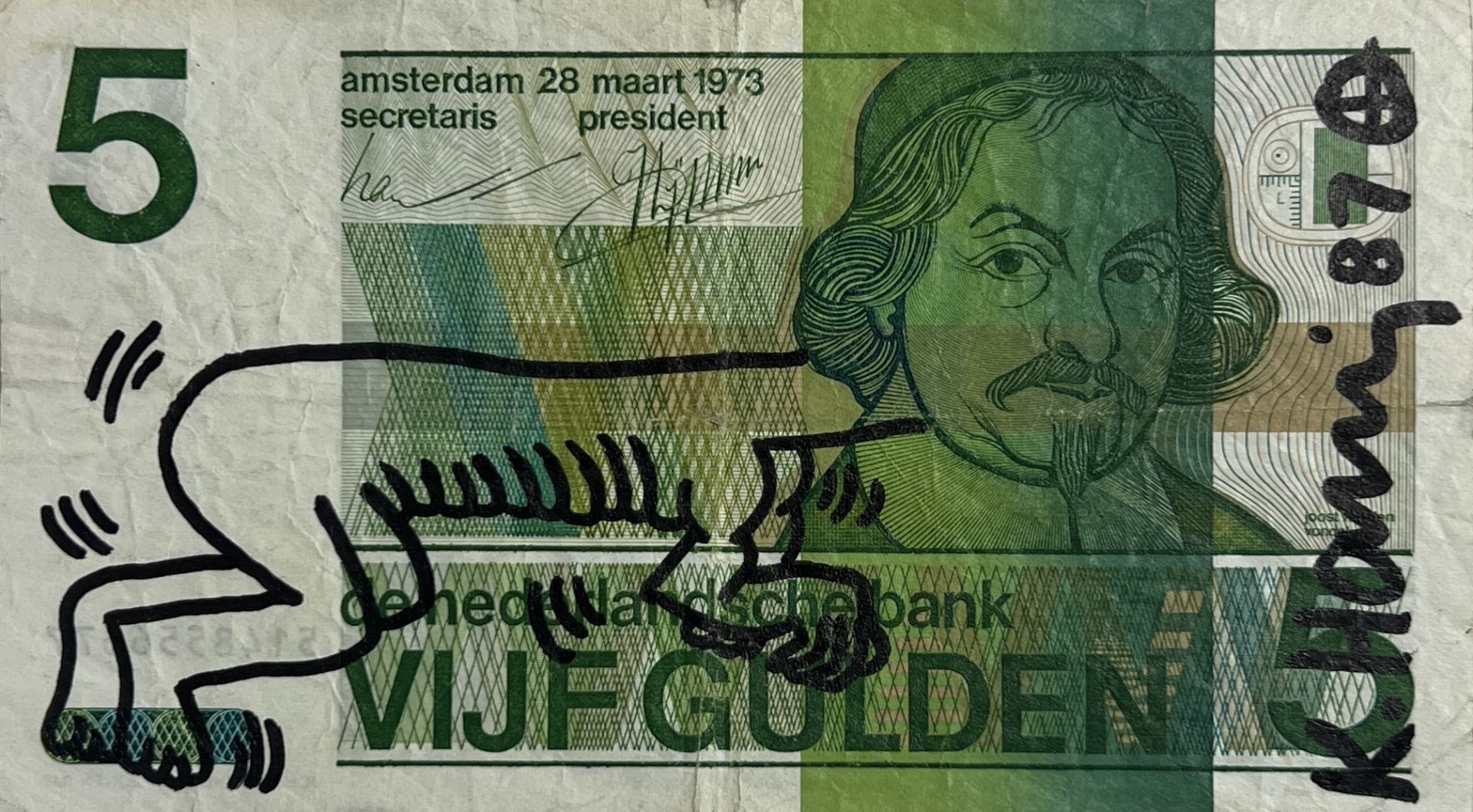 Keith Haring. Felt pen drawing on a 5 gulden note from the Nederland Bank. Signed "K. Haring". Dated