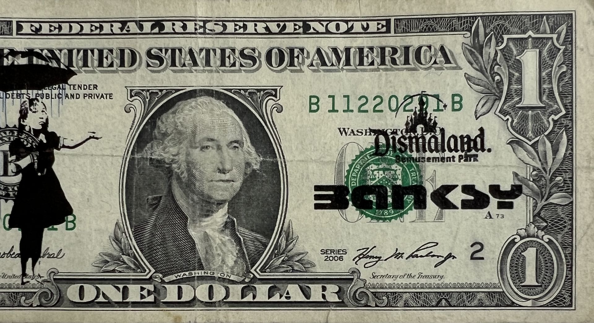 Banksy. â€œUmbrella girlâ€. 2015. Ink stencil on a real one dollar banknote from â€œThe United Stat - Bild 3 aus 4