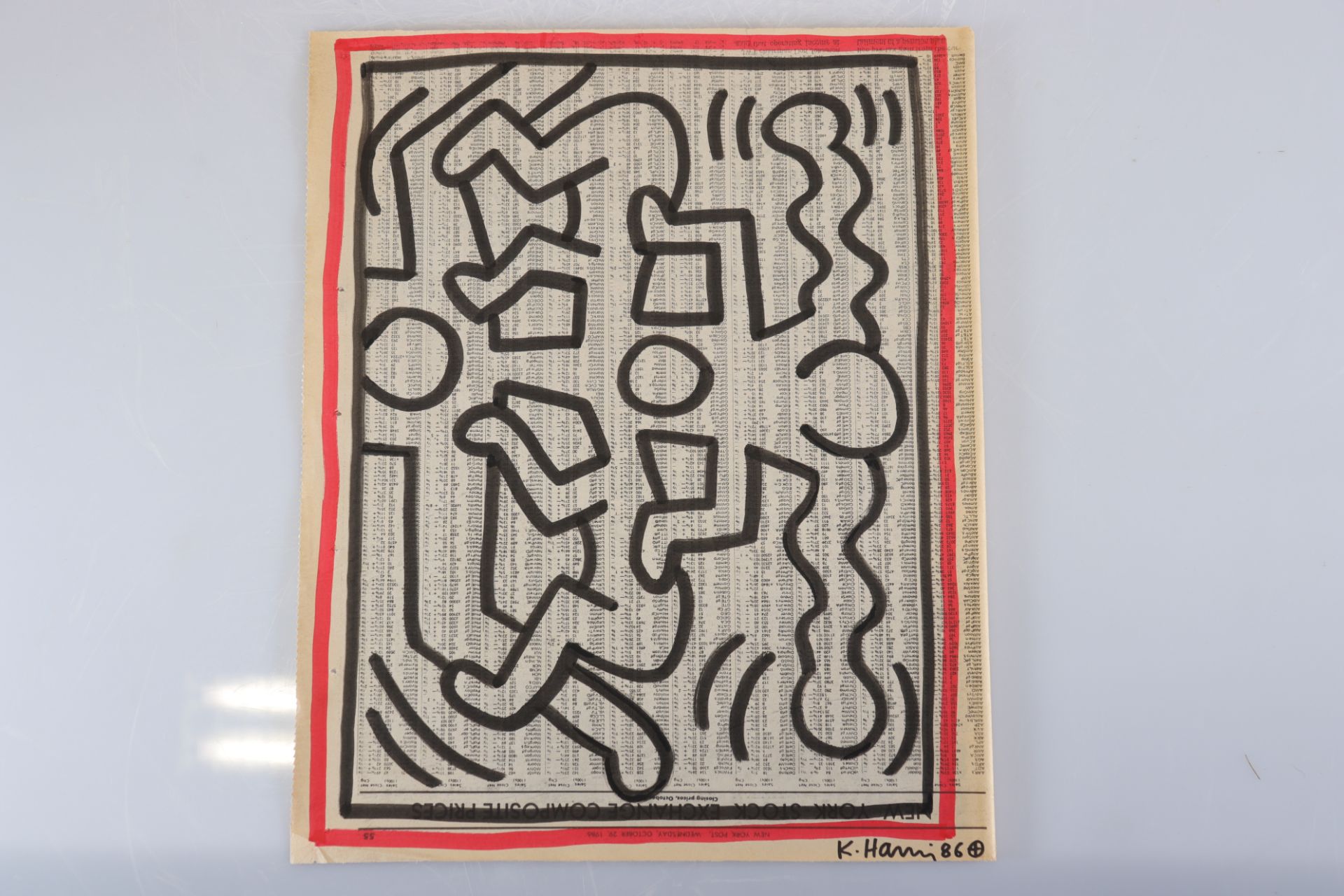 Keith Haring. Original drawing in black and red marker on a newspaper page from the New York Post of