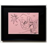 Jeff Koons. Flowers. Drawing in black marker on pink paper. Signed and dated 7/8/10 lower right.