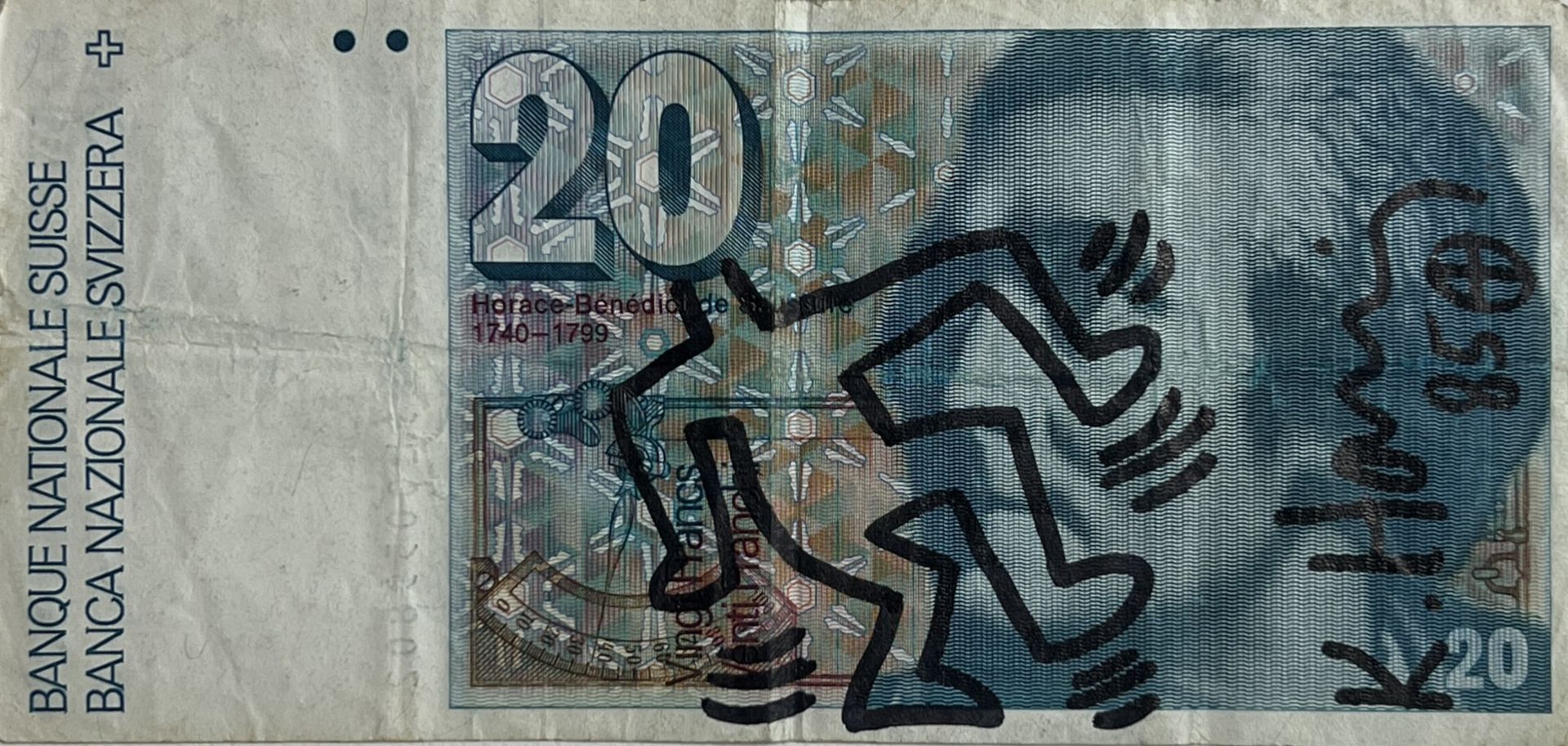 Keith Haring. Banknote of 20 Francs from the Swiss National Bank enhanced with an original drawing i