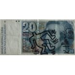 Keith Haring. Banknote of 20 Francs from the Swiss National Bank enhanced with an original drawing i