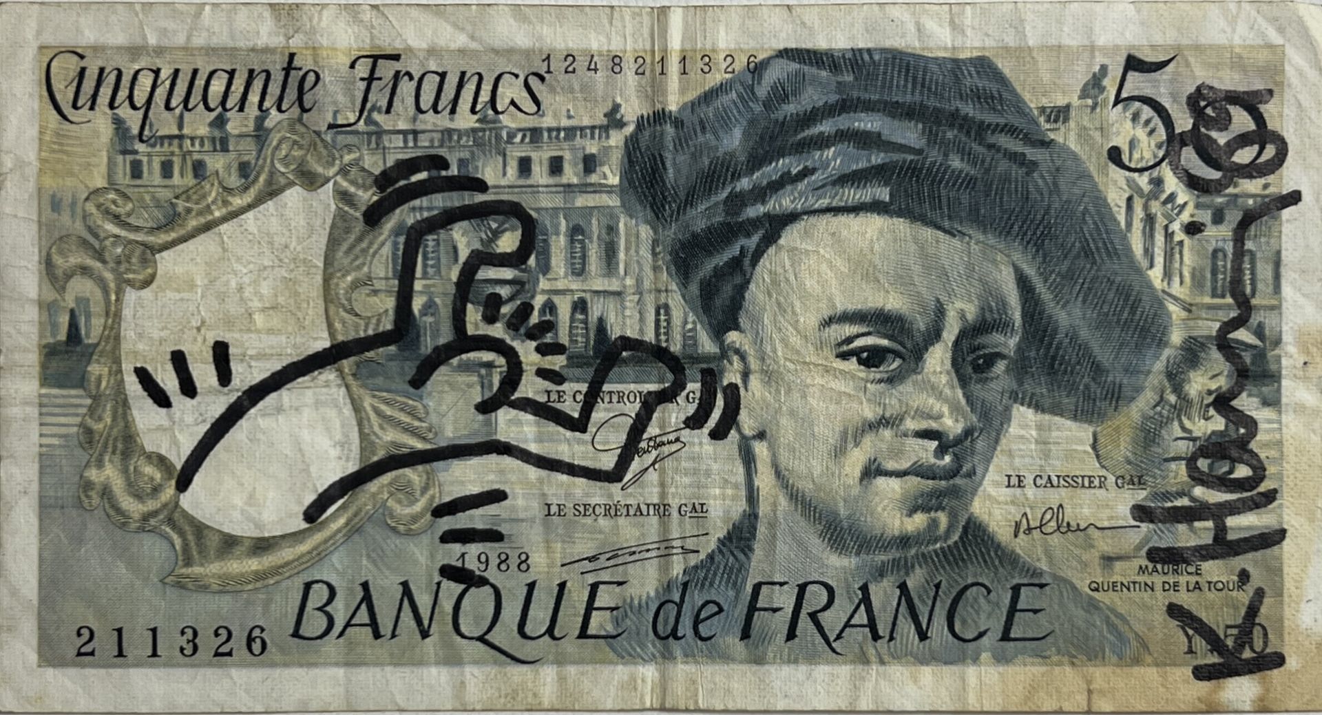 Keith Haring. Banknote of 50 Francs from the Banque de France enhanced with an original drawing in b