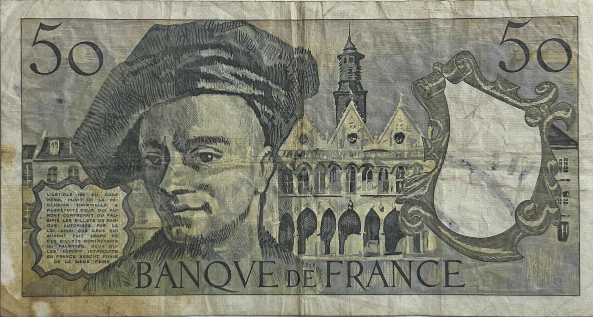 Keith Haring. Banknote of 50 Francs from the Banque de France enhanced with an original drawing in b - Image 2 of 3