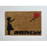 Banksy. â€œGirl with balloonâ€. Stencil painted doormat.