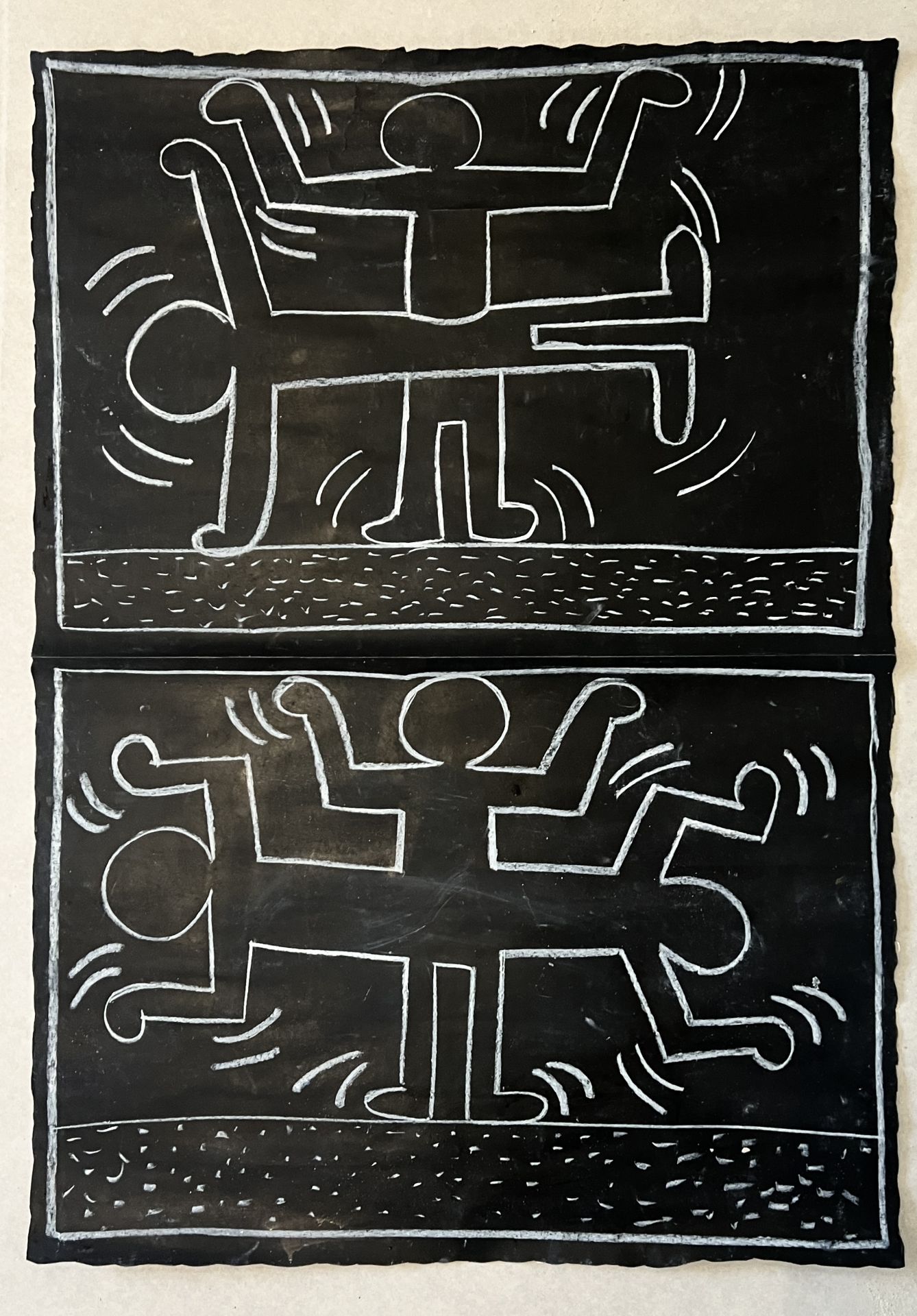 Keith Haring. Subway drawing. Circa 1986. Original chalk drawing made on two metro posters.