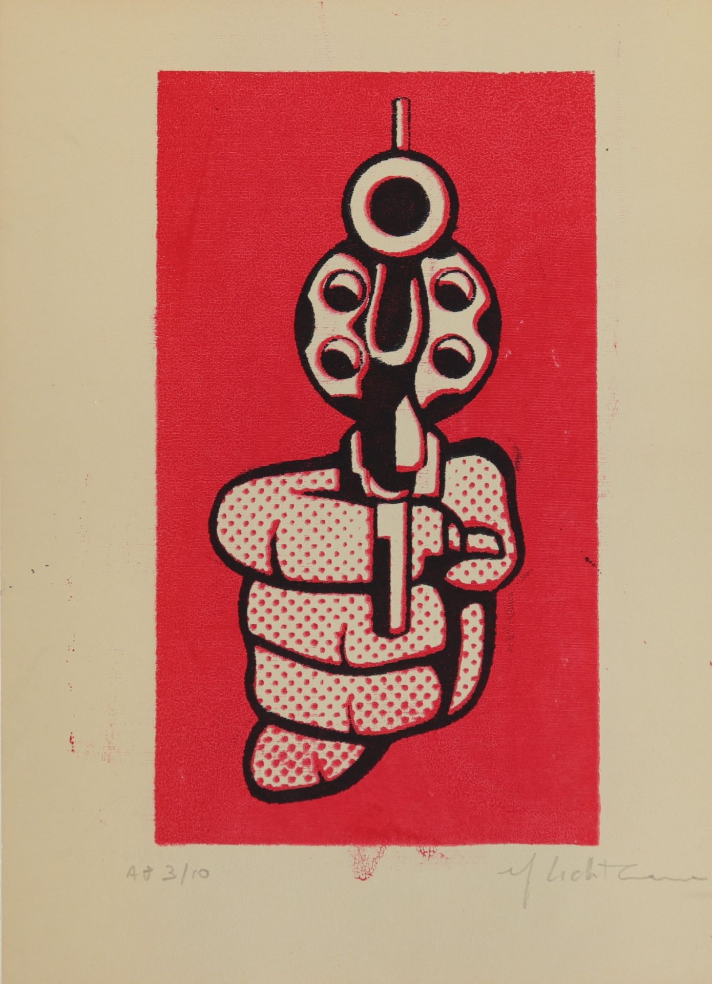 Roy Lichtenstein. "Pistol". 1964. Color offset on paper. Signed "Roy Lichtenstein" in pencil lower r