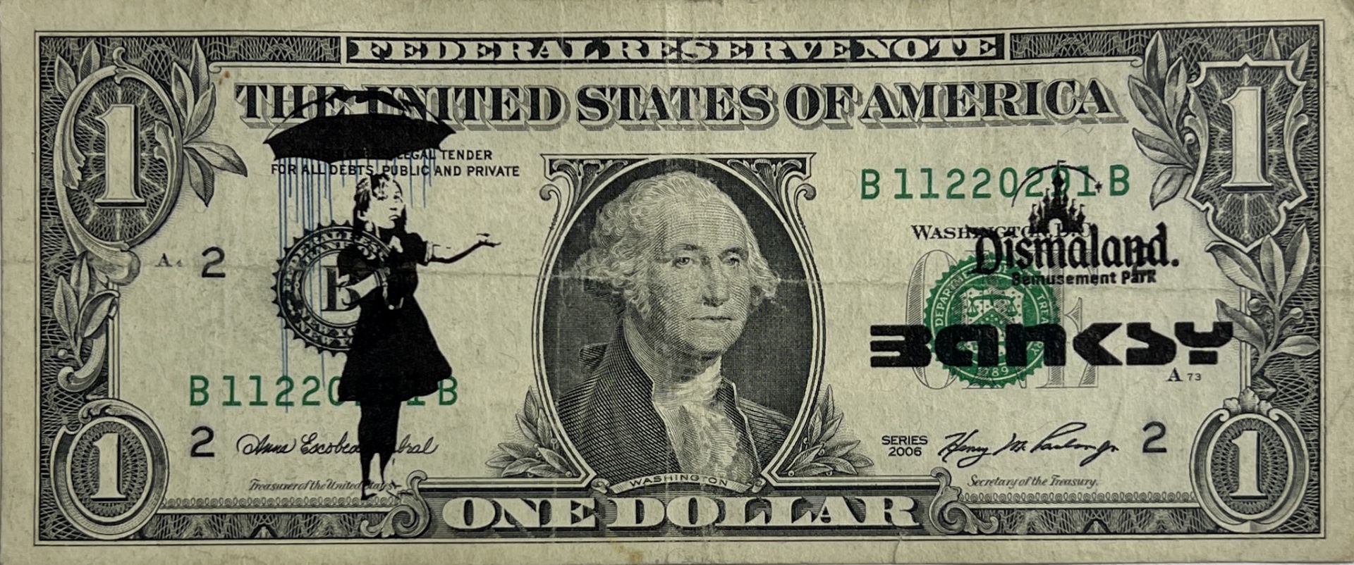 Banksy. â€œUmbrella girlâ€. 2015. Ink stencil on a real one dollar banknote from â€œThe United Stat