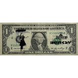 Banksy. â€œUmbrella girlâ€. 2015. Ink stencil on a real one dollar banknote from â€œThe United Stat