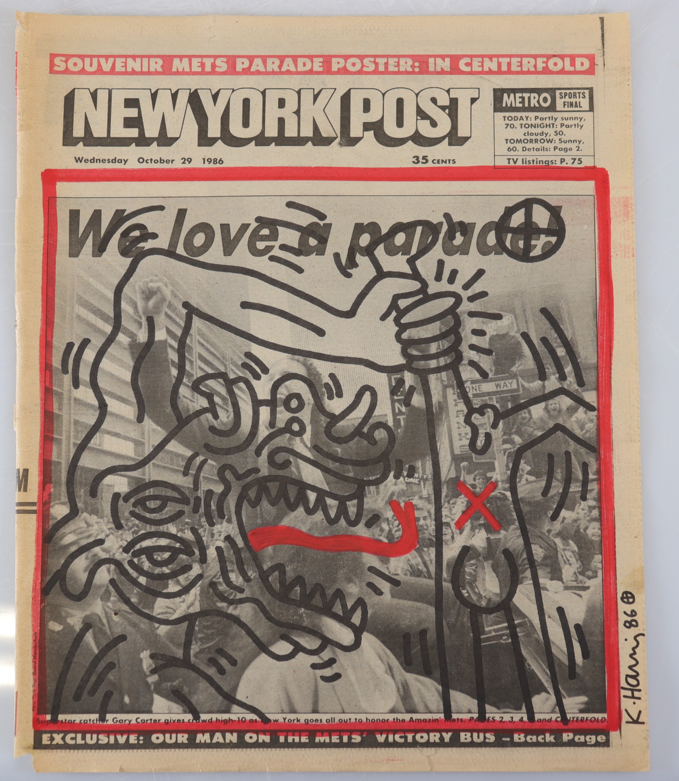 Keith Haring. Original drawing in black and red marker on a newspaper page from the New York Post of