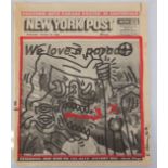 Keith Haring. Original drawing in black and red marker on a newspaper page from the New York Post of