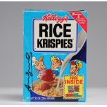 Andy Warhol. â€œAndy Warholâ€ felt pen signature on a box of â€œKellogg's Rice Krispiesâ€.